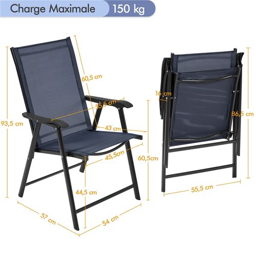 Lot De 2 Chaises Pliantes En Toile Avec Dossier Et Accoudoirs, Bleu Marine