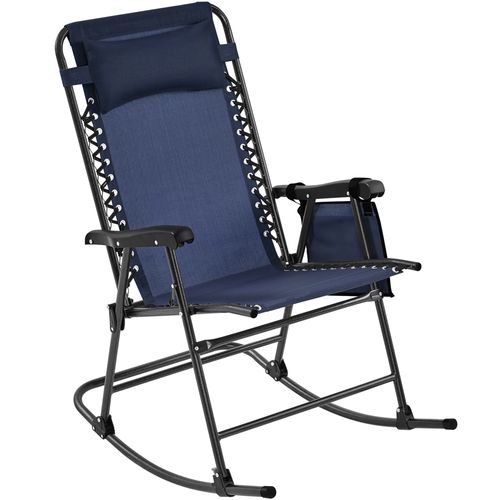 Fauteuil à Bascule Pliant En Toile Et Métal Avec Têtière Et Poche De Rangement, Bleu Marine