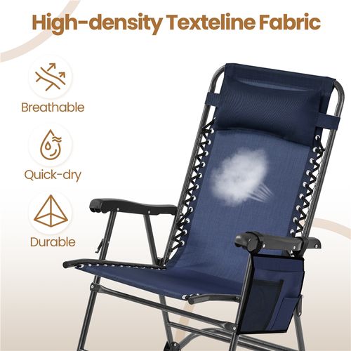 Fauteuil à Bascule Pliant En Toile Et Métal Avec Têtière Et Poche De Rangement, Bleu Marine