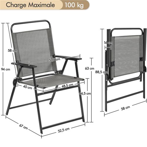 Lot De 2 Chaise De Jardin Pliante Avec Tissu En Polyester Et Robuste Cadre Métal, Gris