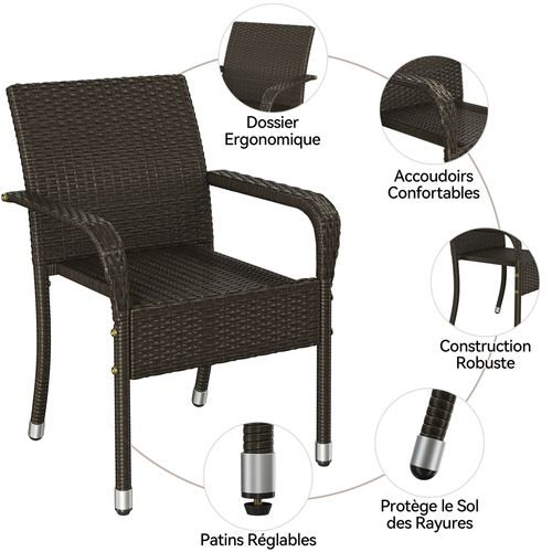 Lot De 2 Fauteuils De Jardin En Rotin Synthétique Avec Accoudoirs Et Cadre En Métal, Marron