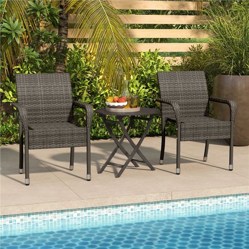 Lot De 2 Fauteuils De Jardin En Rotin Synthétique Avec Accoudoirs Et Cadre En Métal, Gris