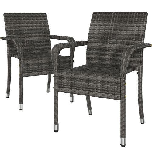 Lot De 2 Fauteuils De Jardin En Rotin Synthétique Avec Accoudoirs Et Cadre En Métal, Gris