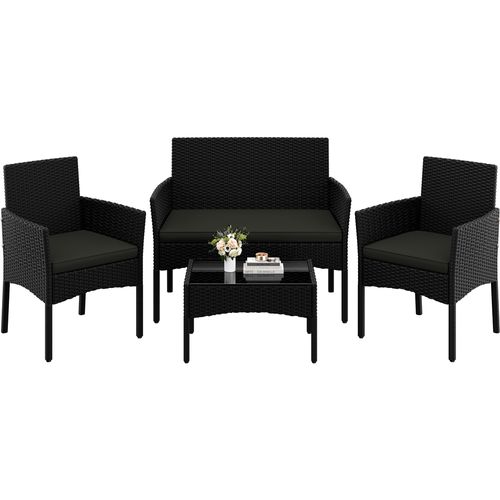 Salon De Jardin En Polyrotin Avec Canapé 2 Places 2 Fauteuils 1 Table Basse, Noir/gris