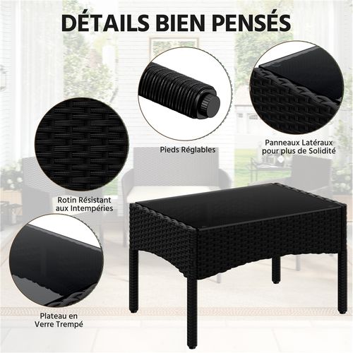 Salon De Jardin En Polyrotin Avec Canapé 2 Places 2 Fauteuils 1 Table Basse, Noir/gris