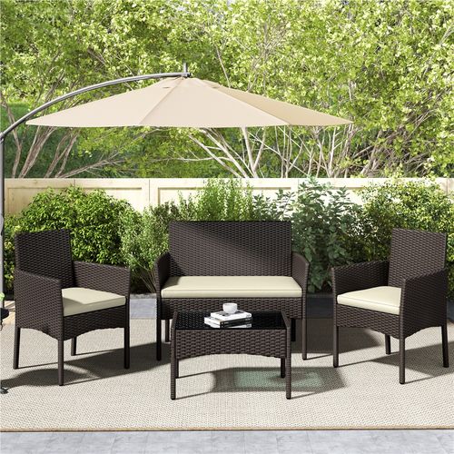 Salon De Jardin En Polyrotin Avec Canapé 2 Places 2 Fauteuils 1 Table Basse, Brun/beige