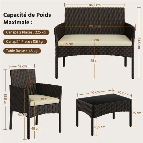 Salon De Jardin En Polyrotin Avec Canapé 2 Places 2 Fauteuils 1 Table Basse, Brun/beige