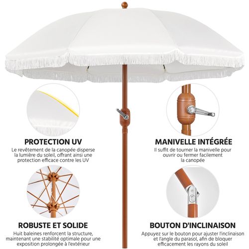 Parasol De Jardin Droit Avec Franges, Tissu Polyester Résistant Et Mât En Métal, Crème