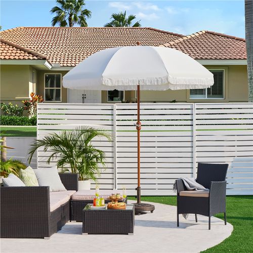 Parasol De Jardin Droit Avec Franges, Tissu Polyester Résistant Et Mât En Métal, Crème