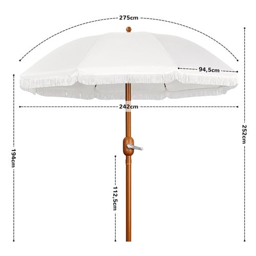 Parasol De Jardin Droit Avec Franges, Tissu Polyester Résistant Et Mât En Métal, Crème