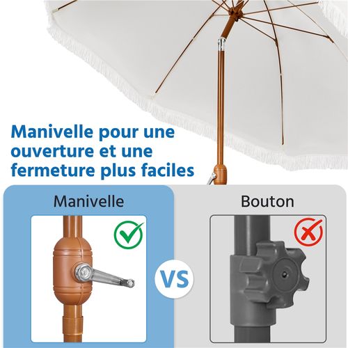 Parasol De Jardin Droit Avec Franges, Tissu Polyester Résistant Et Mât En Métal, Crème