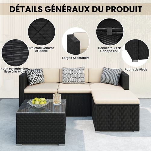 Salon De Jardin En Polyrotin Avec 3 Canapé Modulables 1 Table Basse 1 Ottomane, Noir/beige