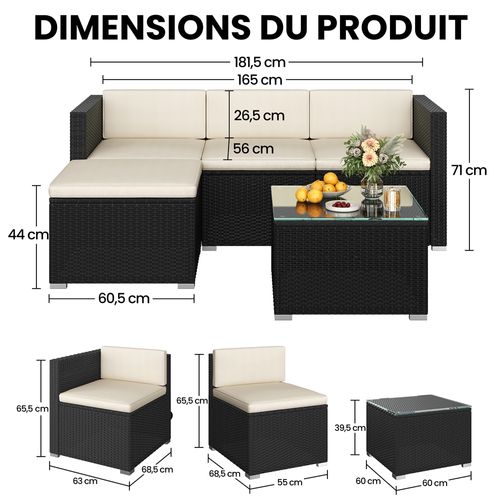 Salon De Jardin En Polyrotin Avec 3 Canapé Modulables 1 Table Basse 1 Ottomane, Noir/beige