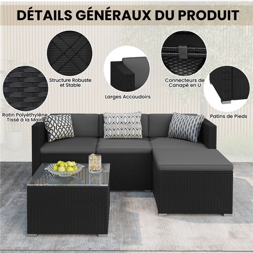 Salon De Jardin En Polyrotin Avec 3 Canapé Modulables 1 Table Basse 1 Ottomane, Noir/gris