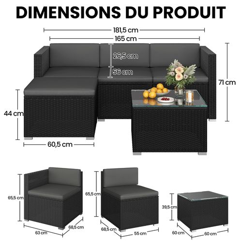 Salon De Jardin En Polyrotin Avec 3 Canapé Modulables 1 Table Basse 1 Ottomane, Noir/gris