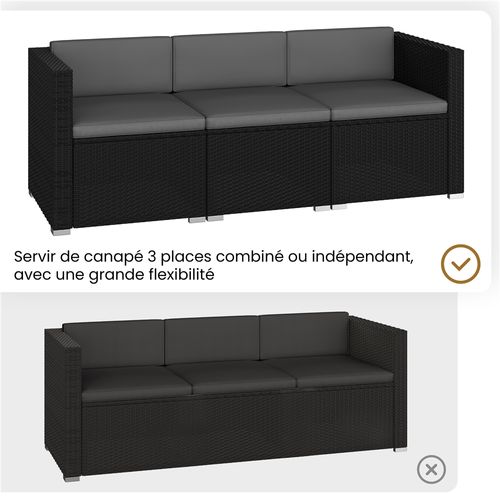 Salon De Jardin En Polyrotin Avec 3 Canapé Modulables 1 Table Basse 1 Ottomane, Noir/gris