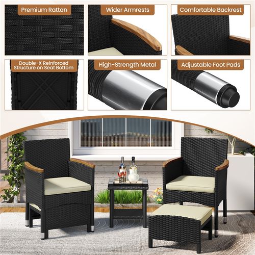 Salon De Jardin 5 Pièces En Résine Tressée Avec Fauteuils Ottomans Table Basse, Noir/beige