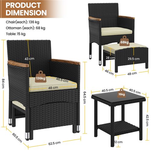 Salon De Jardin 5 Pièces En Résine Tressée Avec Fauteuils Ottomans Table Basse, Noir/beige