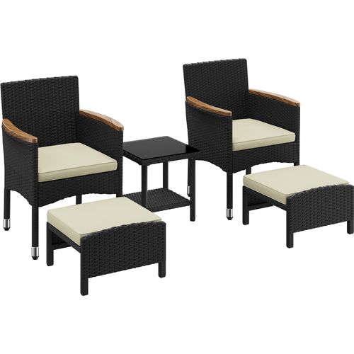 Salon De Jardin 5 Pièces En Résine Tressée Avec Fauteuils Ottomans Table Basse, Noir/beige