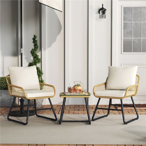 Salon De Jardin 2 Personnes En Polyrotin Avec 2 Fauteuils Et 1 Table Basse, Beige/crème