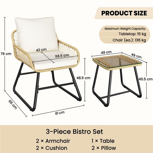 Salon De Jardin 2 Personnes En Polyrotin Avec 2 Fauteuils Et 1 Table Basse, Beige/crème