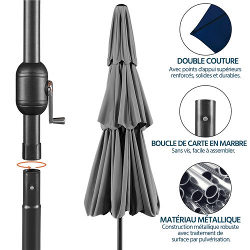 Parasol De Jardin à 3 Niveaux 8 Baleines Avec Bouton-poussoir Manivelle En Métal, Gris