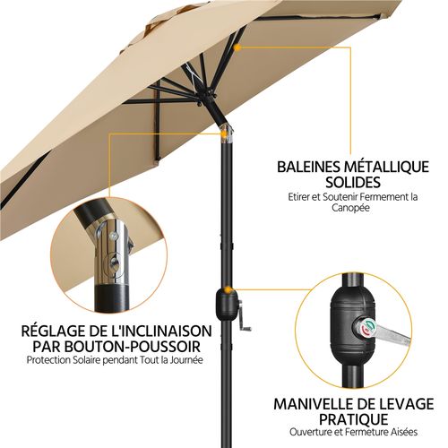 Parasol De Jardin à 6 Baleines Avec Manivelle Protection Solaire De 241 Cm De Haut, Brun Clair