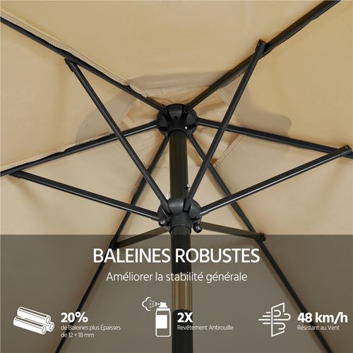 Parasol De Jardin à 6 Baleines Avec Manivelle Protection Solaire De 241 Cm De Haut, Brun Clair