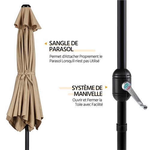 Parasol De Jardin à 6 Baleines Avec Manivelle Protection Solaire De 241 Cm De Haut, Brun Clair