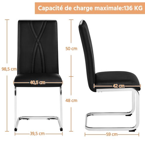 Lot De 6 Chaises De Salle à Manger Moderne En Similicuir Avec Pieds Métalliques En U, Noir