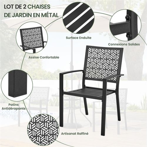 Lot De 2 Chaises De Jardin En Métal Avec Motif Imitation Rotin Géométrique, Noir