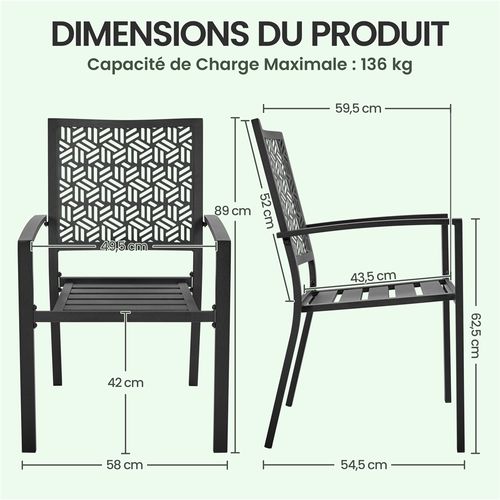 Lot De 2 Chaises De Jardin En Métal Avec Motif Imitation Rotin Géométrique, Noir