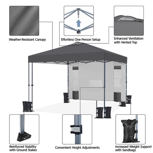 Tonnelle De Jardin Tente De Camping Avec Poches Pour Rangement, 3×3 M Gris Foncé