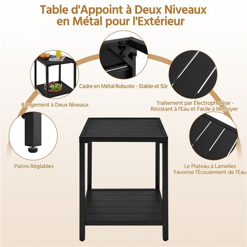 Table Basse D'extérieur Table D'appoint De Jardin En Métal 2 Niveaux, Noir