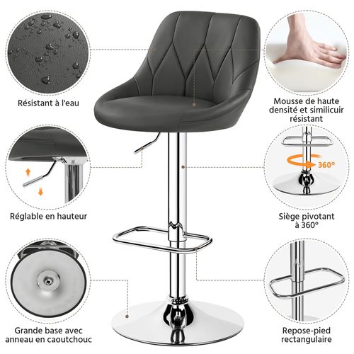 Lot De 2 Chaises De Bar En Similicuir Avec Assise Pivotante Réglable En Hauteur ,gris Foncé