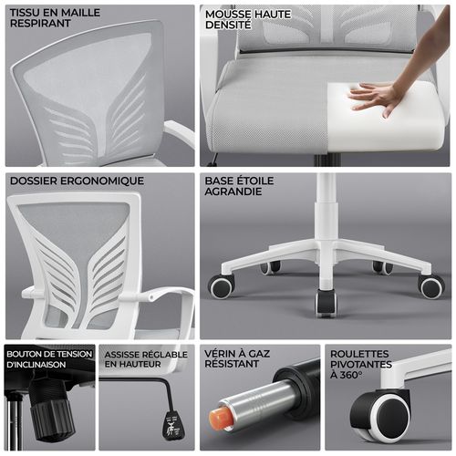 Lot De 2 Chaises De Bureau Ergonomiques Avec Sièges Inclinables Réglables En Hauteur, Gris Clair