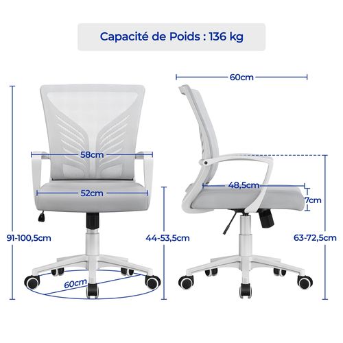 Lot De 2 Chaises De Bureau Ergonomiques Avec Sièges Inclinables Réglables En Hauteur, Gris Clair