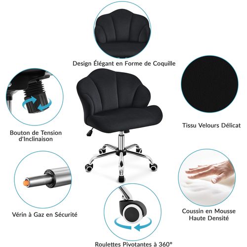 Chaise De Bureau En Velours Avec Dossier Inclinable Et Assise Réglable En Hauteur , Noir