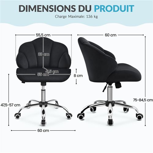Chaise De Bureau En Velours Avec Dossier Inclinable Et Assise Réglable En Hauteur , Noir