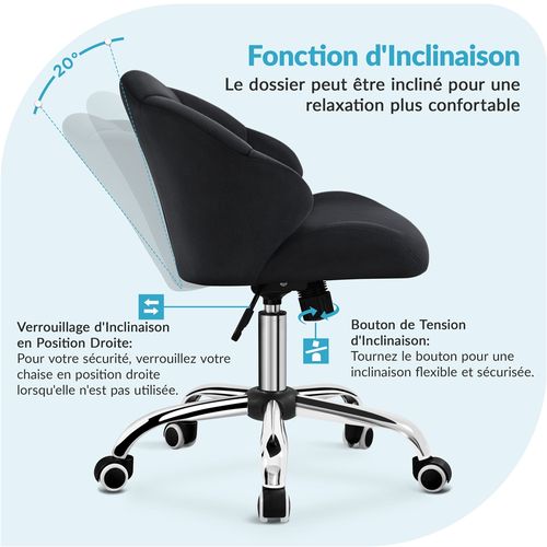 Chaise De Bureau En Velours Avec Dossier Inclinable Et Assise Réglable En Hauteur , Noir