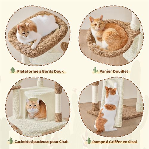 Arbre à Chat Design Cactus En Peluche Avec Poteaux En Sisal Et Plateformes, Beige Et Marron