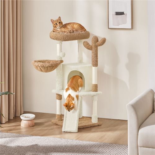 Arbre à Chat Design Cactus En Peluche Avec Poteaux En Sisal Et Plateformes, Beige Et Marron