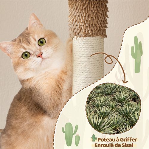 Arbre à Chat Design Cactus En Peluche Avec Poteaux En Sisal Et Plateformes, Beige Et Marron