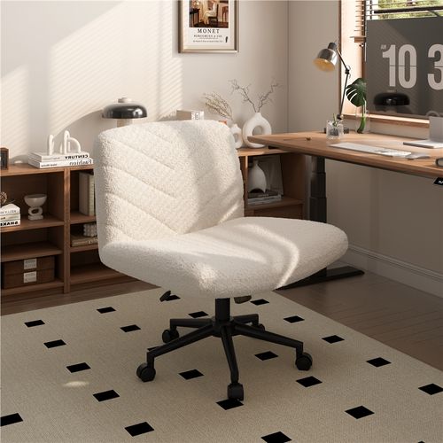 Chaise De Bureau En Tissu Bouclette Chaise Coiffeuse Pivotante Avec Pieds Croisés , Ivoire