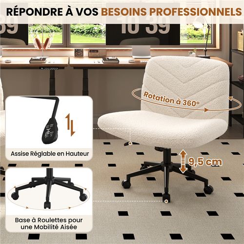 Chaise De Bureau En Tissu Bouclette Chaise Coiffeuse Pivotante Avec Pieds Croisés , Ivoire