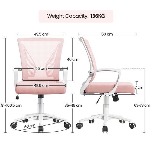 Chaise De Bureau En Maille Mesh à Roulettes 360° Avec Siège Réglable En Hauteur Rose