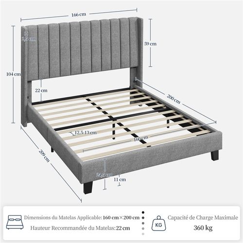 Lit Capitonné 160x200 Cm Avec Tête De Lit Et Sommier à Lattes, Gris Clair