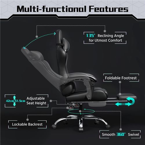 Chaise Gaming Pivotant Réglable En Hauteur Avec Repose-pieds Télescopique Et Appui-tête, Noir