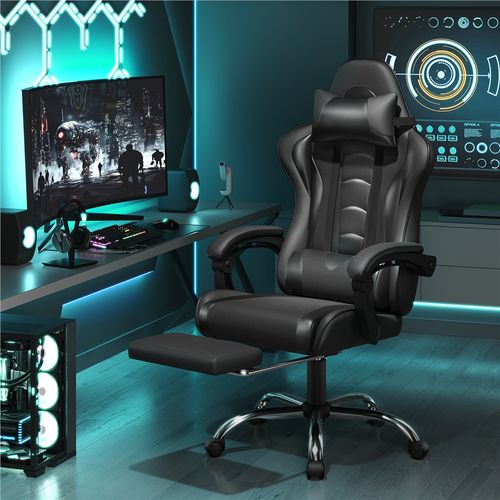 Chaise Gaming Pivotant Réglable En Hauteur Avec Repose-pieds Télescopique Et Appui-tête, Noir