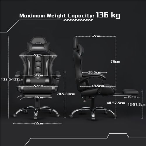 Chaise Gaming Pivotant Réglable En Hauteur Avec Repose-pieds Télescopique Et Appui-tête, Noir